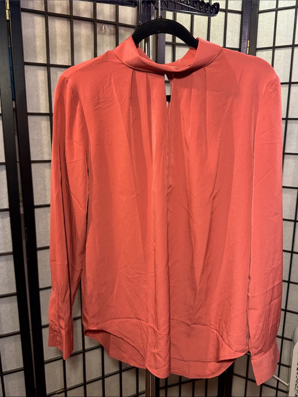 Ann Taylor Coral-Red Keyhole Collar Long Sleeve Blouse